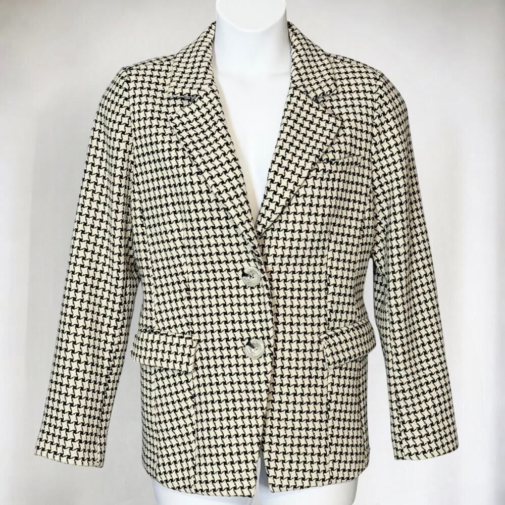 Linea by Louis Dell’Olio Y2K Houndstooth Blazer L Black Ivory Wool Blend Classic